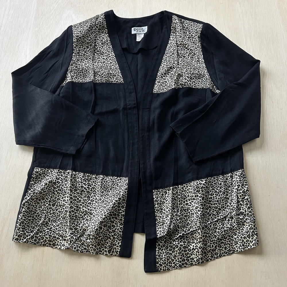 Vintage Dawn Joy II Jacket Womens 18W Black Leopard Open Front Lightweight Rayon